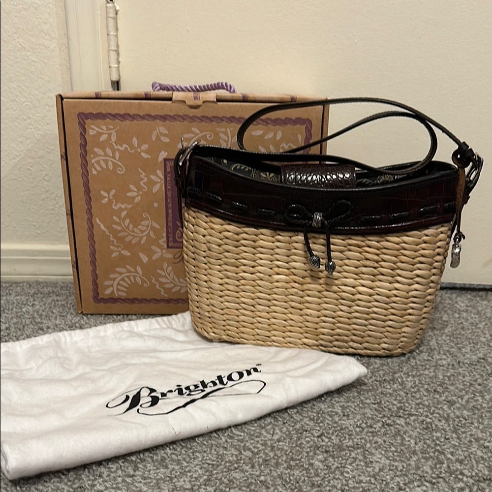 Brighton Woven Wicker Straw & Leather Shoulder Bag Crossbody Purse w/ Dust Bag